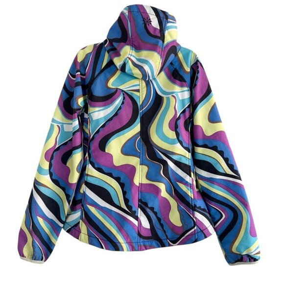 Athleta Womens Sz S Purple Blue Yellow Swirl Zip Hooded Fleece Lined Jacket - Picture 3 of 15